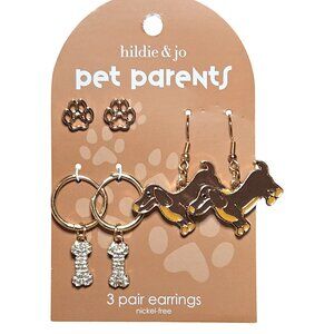 Hildie & Jo Paw Print Studs, Glam Bone Hoops & Dachshund Drop 3 Pair Earring Set